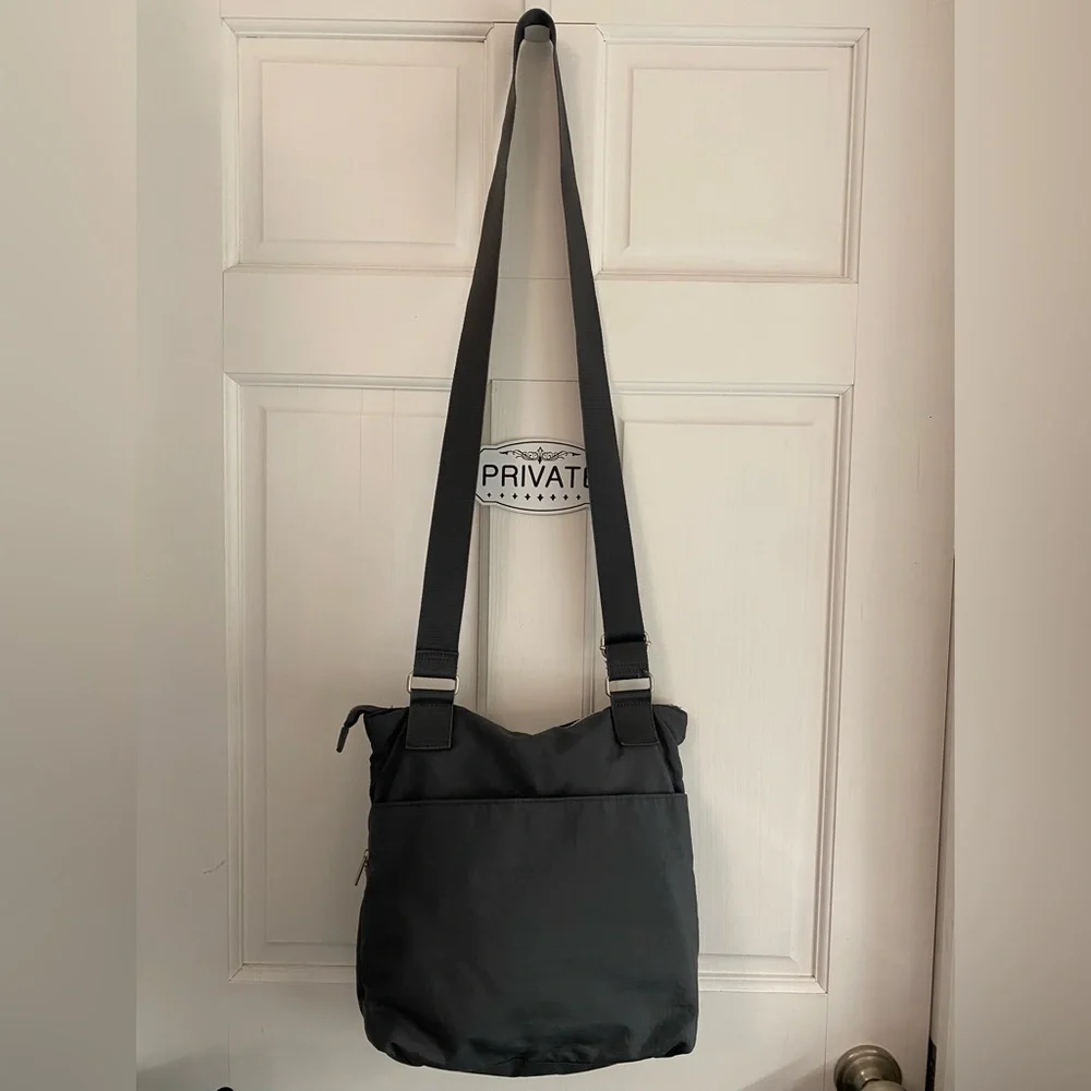 Baggallini Gray Crossbody Bag w/ Zip Closure, Pink Interior, and Lots of Pockets - Picture 3 of 5